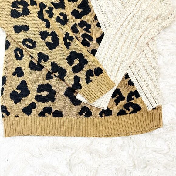 Andre by Unit Buckle Sleeve Cable Knit Leopard Asymmetric Sweater L - Picture 8 of 10